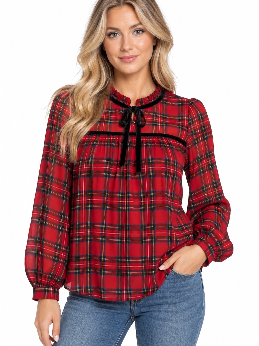 J. Crew Red Plaid Velvet Tie-Neck Blouse